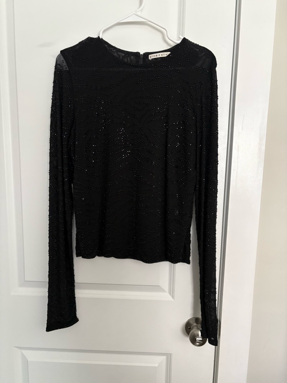 Alice + Olivia Black Beaded Long Sleeve Tee Top